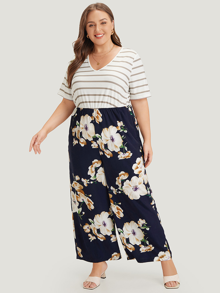 Plus Size Women Dailywear Striped Patchwork Regular Pocket Elegant Jumpsuits BloomChic 