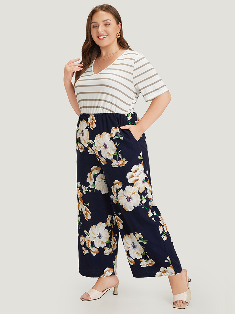 Plus Size Women Dailywear Striped Patchwork Regular Pocket Elegant Jumpsuits BloomChic 