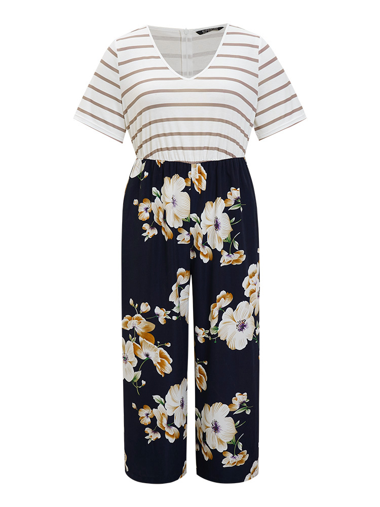 Plus Size Women Dailywear Striped Patchwork Regular Pocket Elegant Jumpsuits BloomChic 