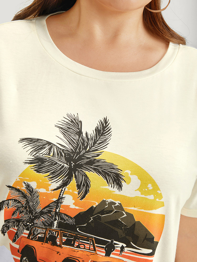 

Plus Size Coconut Tree & Car Print Crew Neck T-shirt Beige Women Casual Tropical Dailywear T-shirts BloomChic