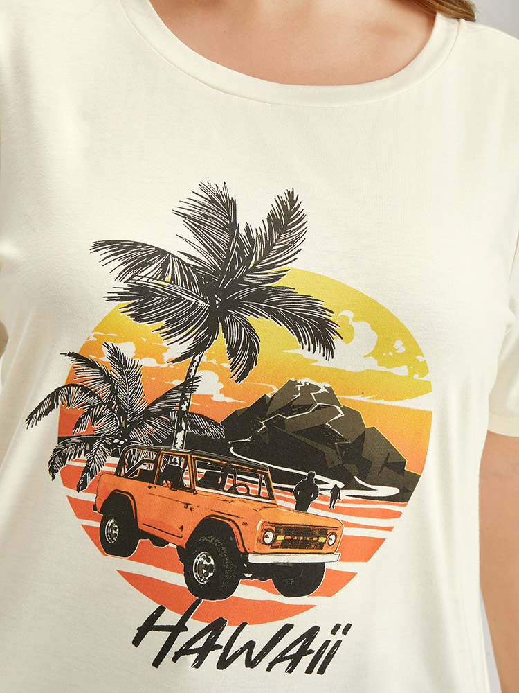 

Plus Size Coconut Tree & Car Print Crew Neck T-shirt Beige Women Casual Tropical Round Neck Dailywear T-shirts BloomChic