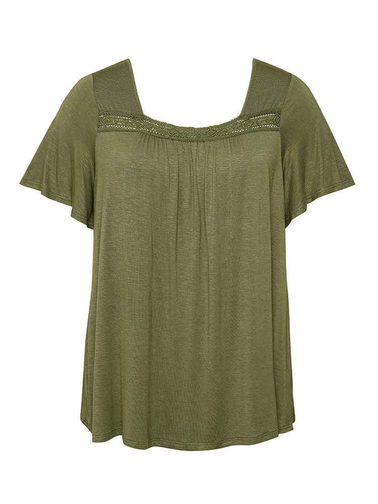 

Solid Crochet Lace Gathered Square Neck Ruffles T-shirt, Armygreen