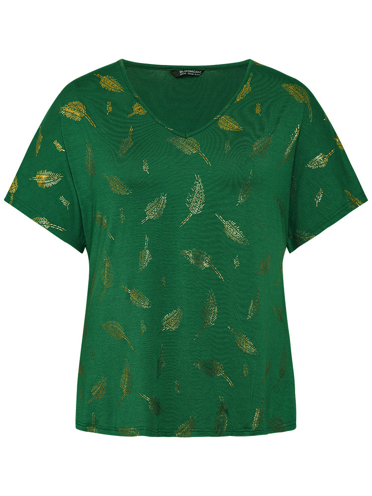 

Plus Size Feather Print Glitter Dolman Sleeve T-shirt DarkGreen Women Casual Plain Plain V-neck Dailywear T-shirts BloomChic