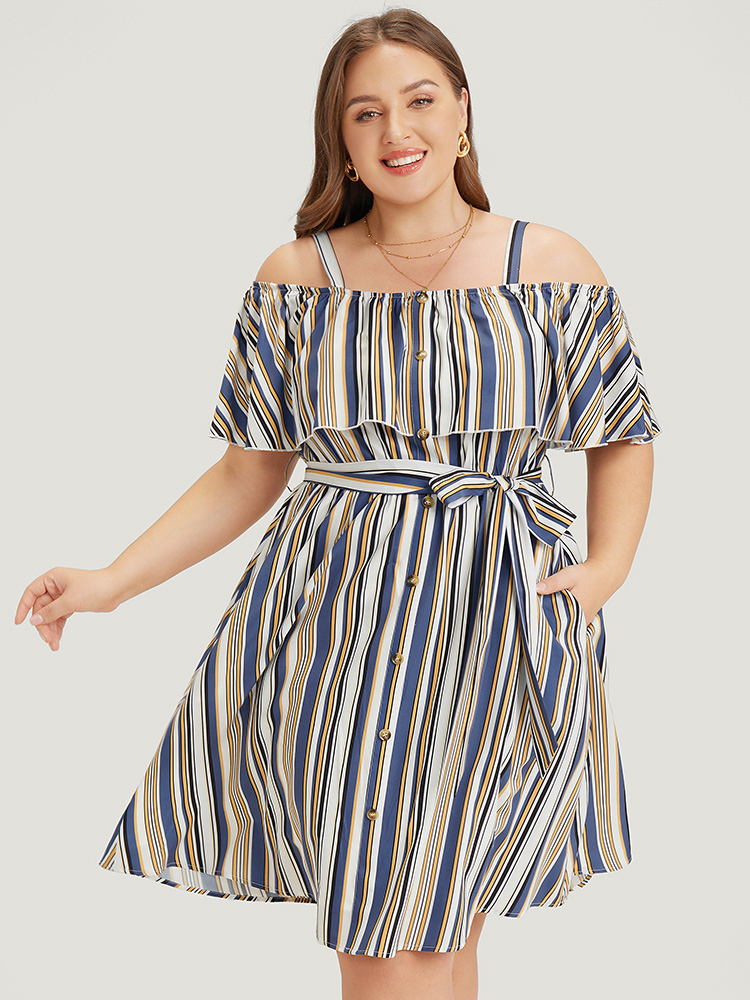 

Plus Size Striped Cold Shoulder Belt Pocket Button Detail Dress Blue Women Vacation Adjustable Straps Spaghetti Strap Short sleeve Curvy Knee Dress BloomChic