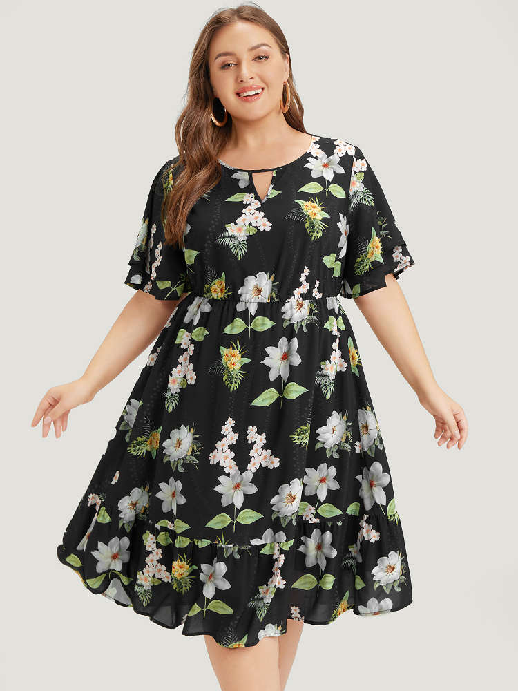 

Plus Size Floral Print Ruffle Pocket Keyhole Round Neck Dress BlackFlower Women Elegant Keyhole V-neck Short sleeve Curvy Midi Dress BloomChic