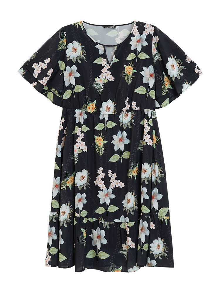 Plus Size Floral Print Ruffle Pocket Keyhole Round Neck Dress BlackFlower Women Elegant Keyhole V-neck Short sleeve Curvy Midi Dress BloomChic 12/L 