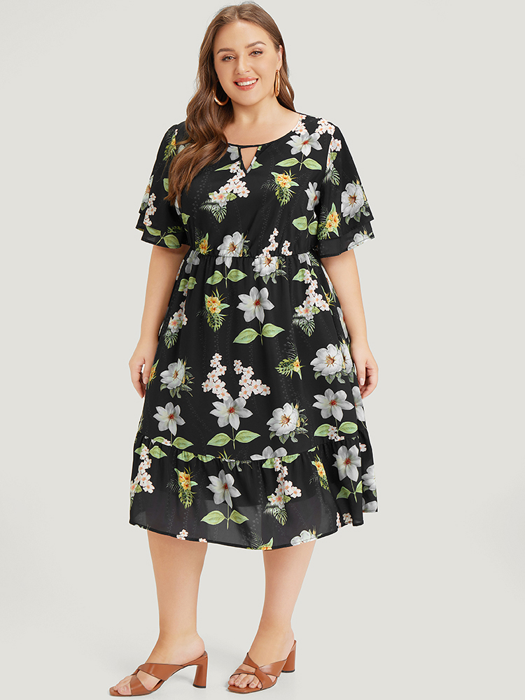 Plus Size Floral Print Ruffle Pocket Keyhole Round Neck Dress BlackFlower Women Elegant Keyhole V-neck Short sleeve Curvy Midi Dress BloomChic 12/L 