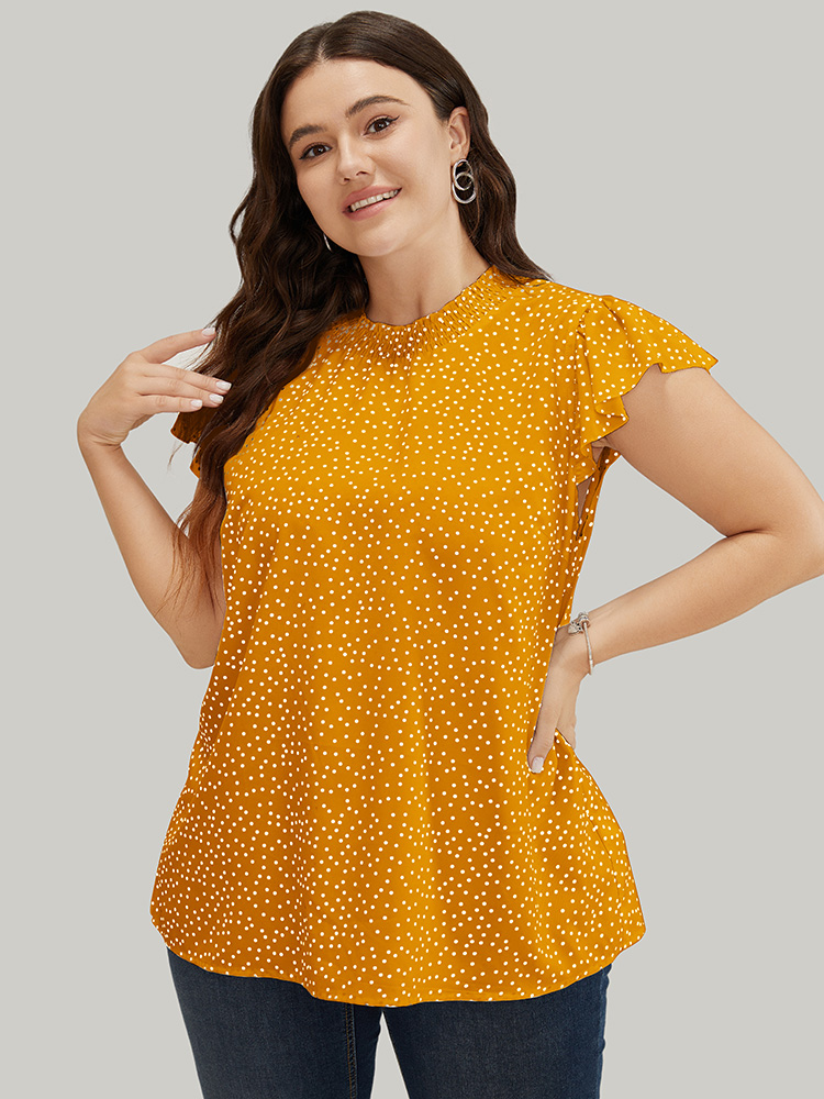 

Plus Size Orange Polka Dot Shirred Mock Neck Cap Sleeve Blouse Women Elegant Cap Sleeve Mock Neck Everyday Blouses BloomChic