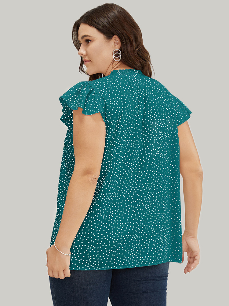 

Plus Size Teal Polka Dot Shirred Mock Neck Cap Sleeve Blouse Women Elegant Cap Sleeve Mock Neck Everyday Blouses BloomChic