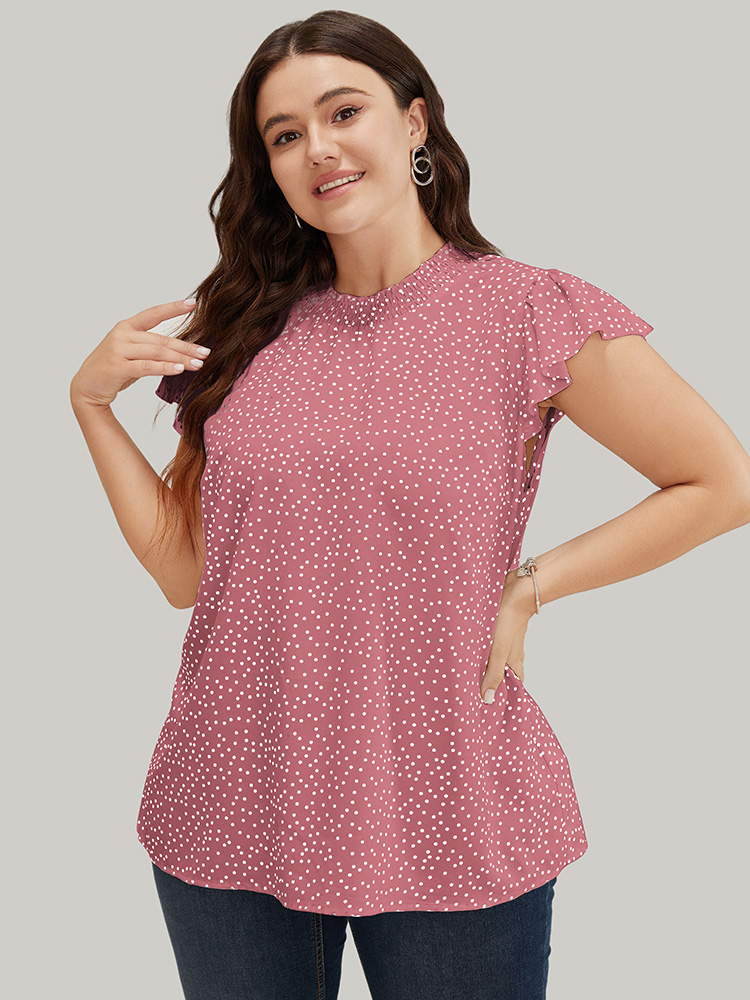 

Plus Size DustyPink Polka Dot Shirred Mock Neck Cap Sleeve Blouse Women Elegant Cap Sleeve Mock Neck Everyday Blouses BloomChic