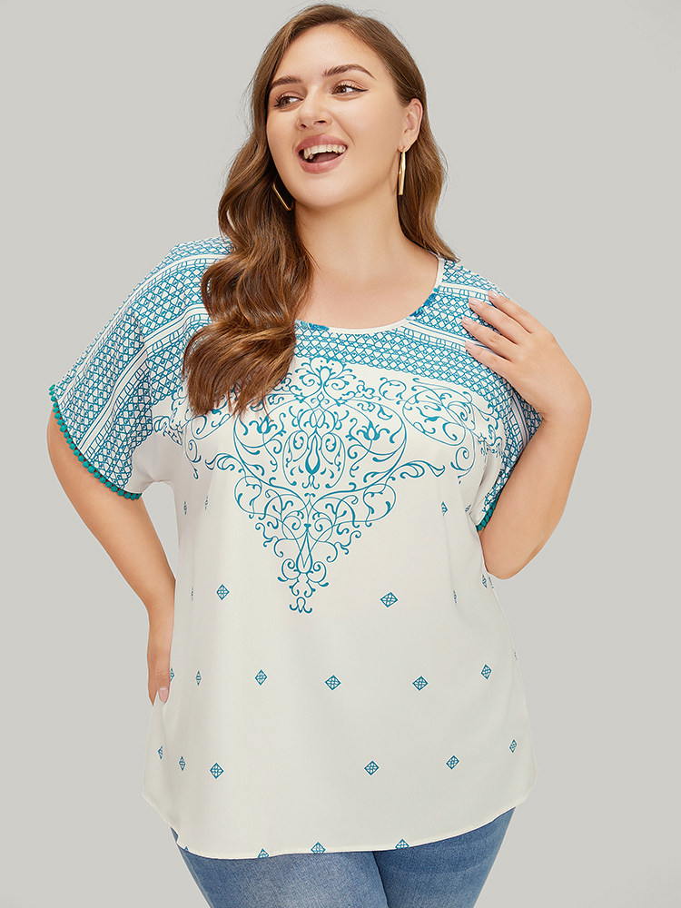 Plus Size White Moroccan Print Batwing Sleeve Pompom Trim Blouse Women Elegant Short sleeve Round Neck Dailywear Blouses BloomChic 10/M 