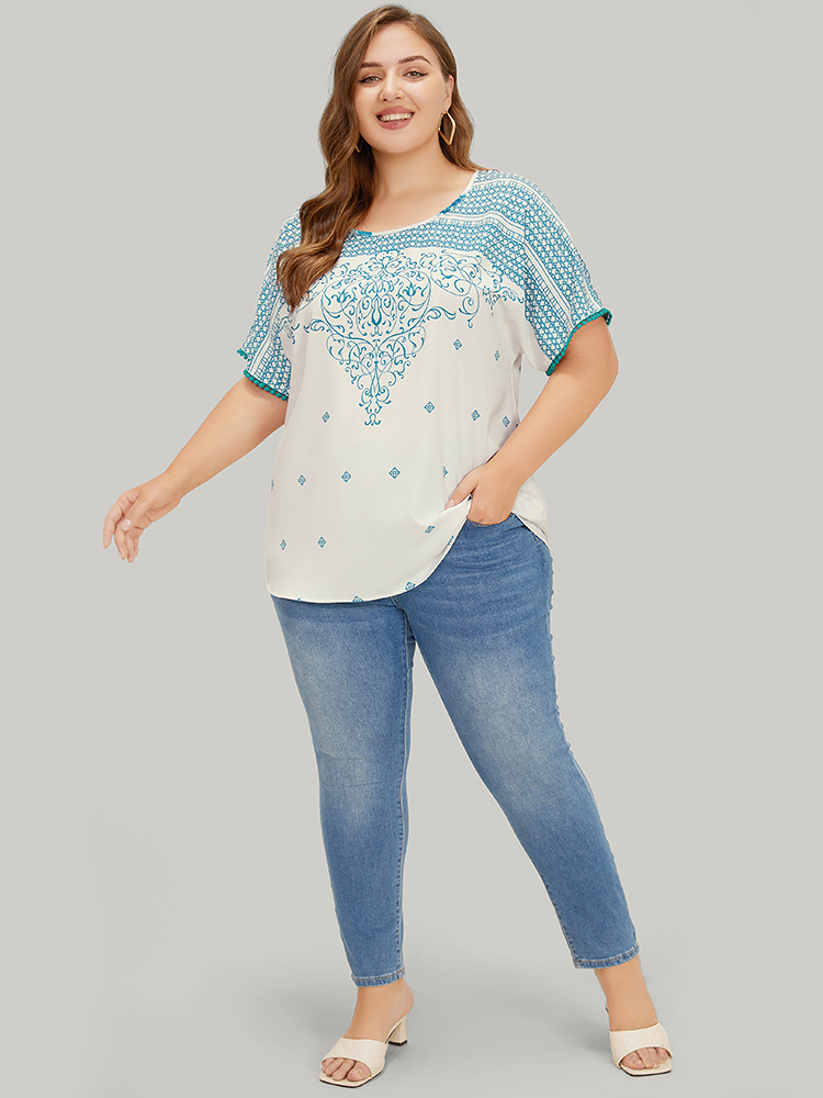 Plus Size White Moroccan Print Batwing Sleeve Pompom Trim Blouse Women Elegant Short sleeve Round Neck Dailywear Blouses BloomChic 10/M 