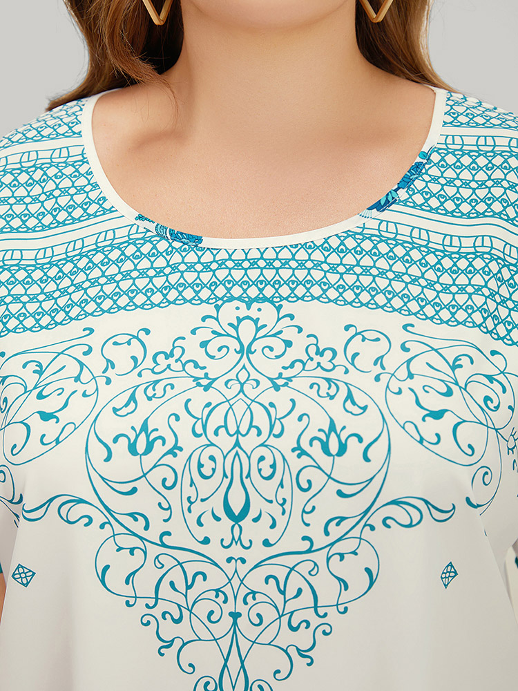 Plus Size White Moroccan Print Batwing Sleeve Pompom Trim Blouse Women Elegant Short sleeve Round Neck Dailywear Blouses BloomChic 10/M 