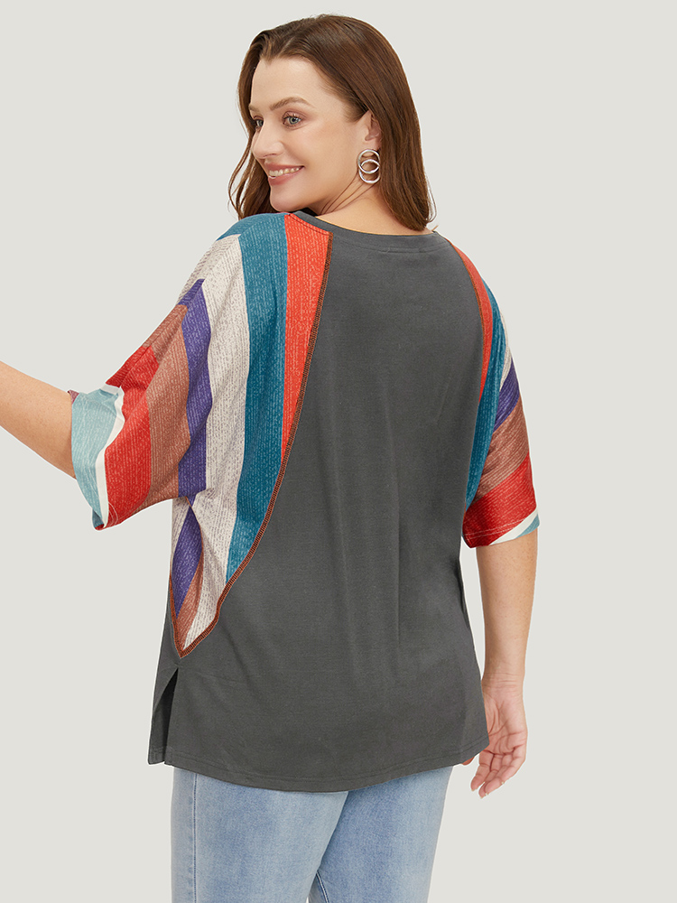 

Plus Size Rainbow Striped Contrast Patchwork Batwing Sleeve T-shirt DimGray V-neck Short sleeve Casual Jersey Tops