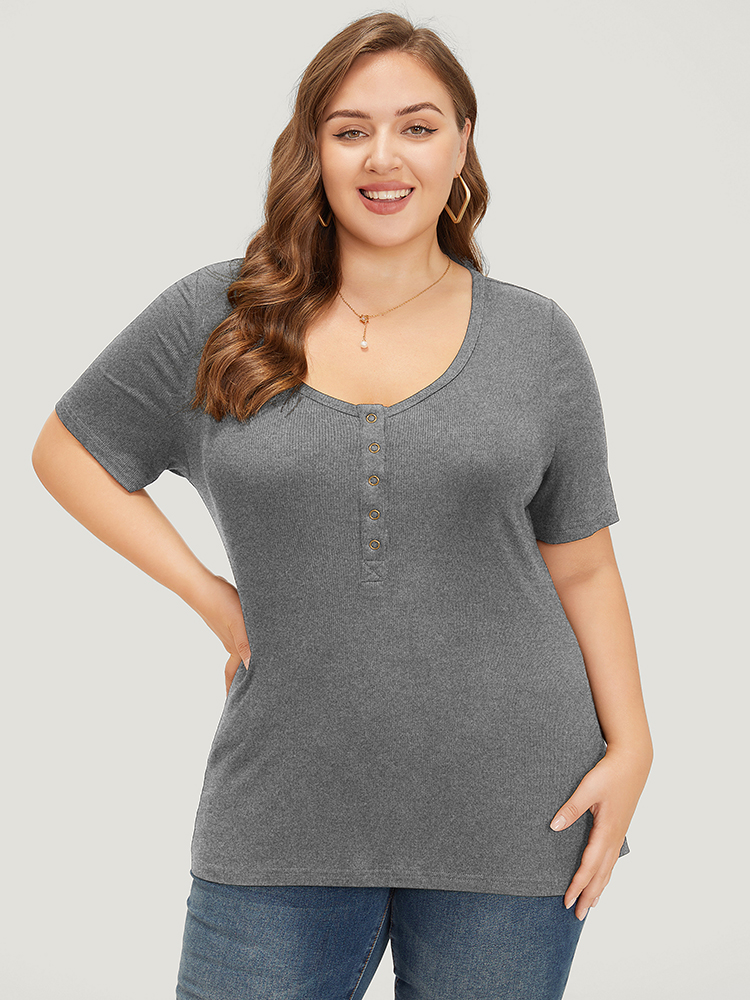 

Plus Size Plain Scoop Neck Button Through Rib Knit T-shirt Gray Women Casual Button Plain Scoop Neck Skinny Dailywear T-shirts BloomChic