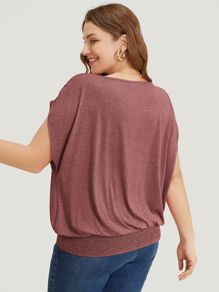 

Plus Size Solid Ruched Batwing Sleeve Shirred Hem T-shirt Burgundy Women Elegant Ruched Plain Boat Neck Everyday T-shirts BloomChic