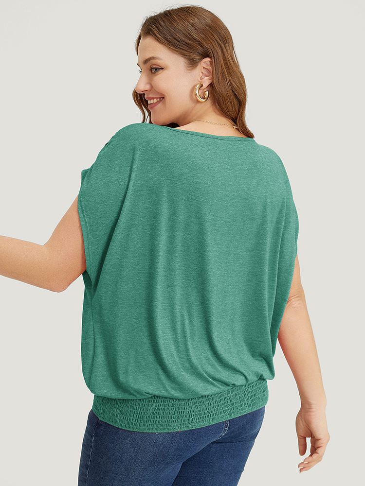 

Plus Size Solid Ruched Batwing Sleeve Shirred Hem T-shirt Emerald Women Elegant Ruched Plain Boat Neck Everyday T-shirts BloomChic