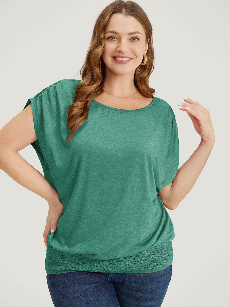 

Plus Size Solid Ruched Batwing Sleeve Shirred Hem T-shirt Emerald Women Elegant Ruched Plain Boat Neck Everyday T-shirts BloomChic