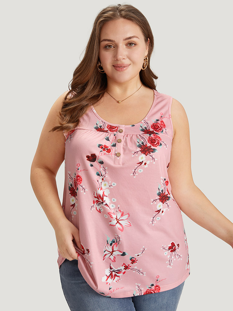 

Plus Size Floral Button Detail Round Neck Tank Top Women Pink Elegant Gathered Round Neck Dailywear Tank Tops Camis BloomChic