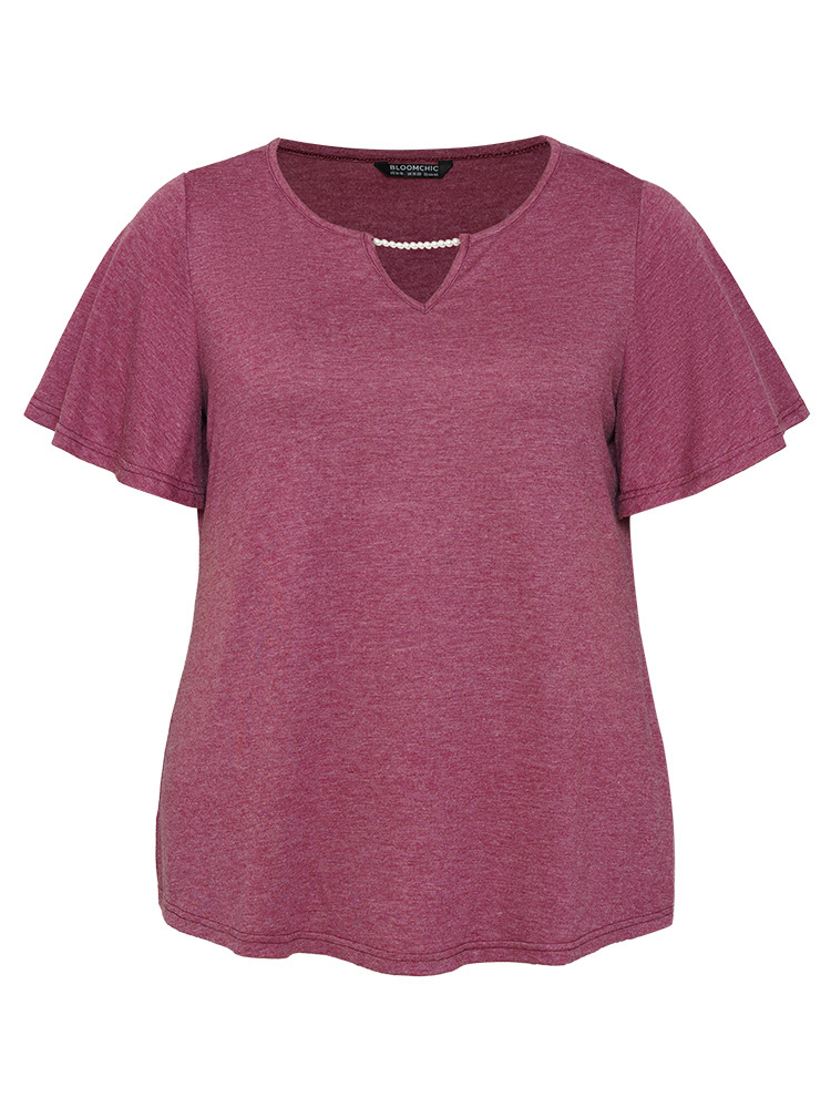 

Plus Size Plain Keyhole Pearl Beaded Flutter Sleeve T-shirt RedViolet Women Elegant Cut-Out Plain Round Neck Dailywear T-shirts BloomChic