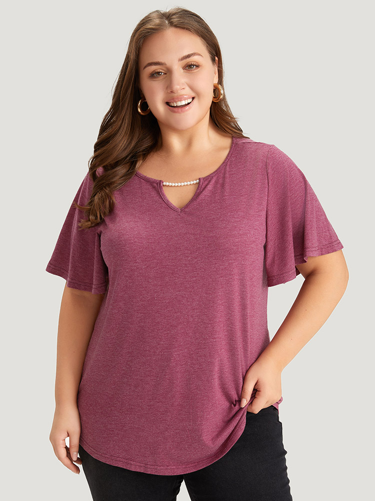 

Plus Size Plain Keyhole Pearl Beaded Flutter Sleeve T-shirt RedViolet Women Elegant Cut-Out Plain Round Neck Dailywear T-shirts BloomChic