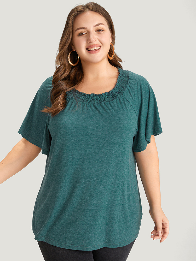 

Plus Size Plain Shirred Crew Neck Flutter Sleeve T-shirt DarkGreen Women Elegant Gathered Plain Round Neck Dailywear T-shirts BloomChic