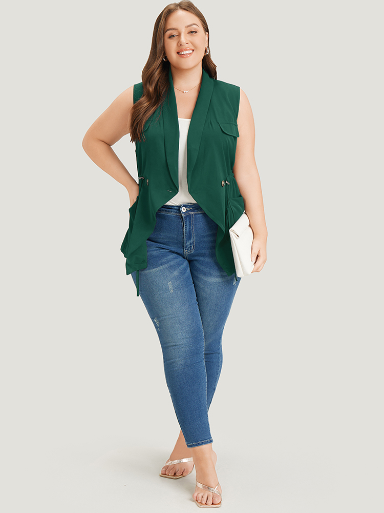 

Plus Size Anti-Wrinkle Plain Pocket Drawstring Lapel Collar Vest DarkGreen Office Cross straps Work Vests  Bloomchic