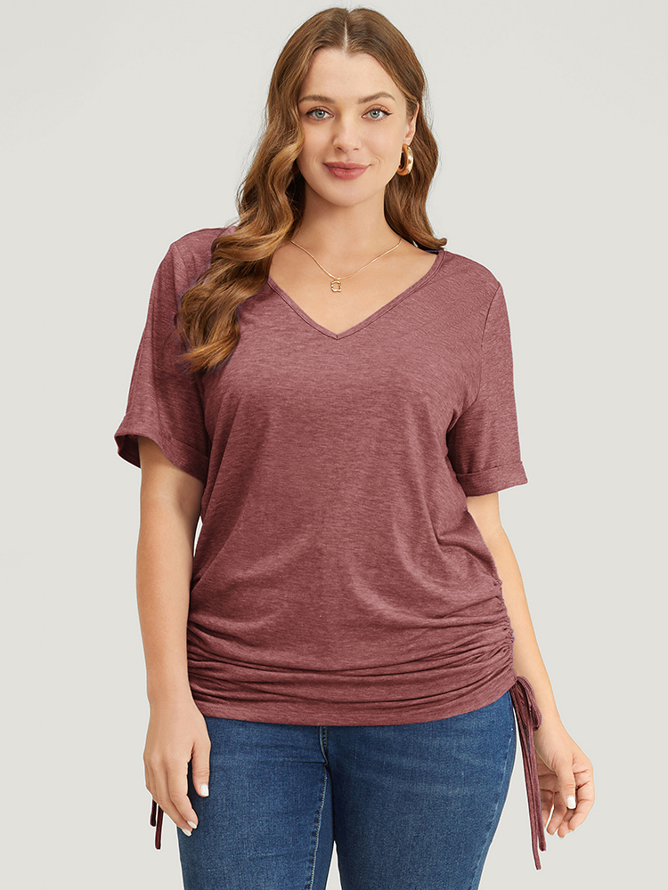 

Plus Size Plain Roll Sleeve Drawstring Side Ruched Hem T-shirt Russet Women Casual Ruched Plain V-neck Everyday T-shirts BloomChic