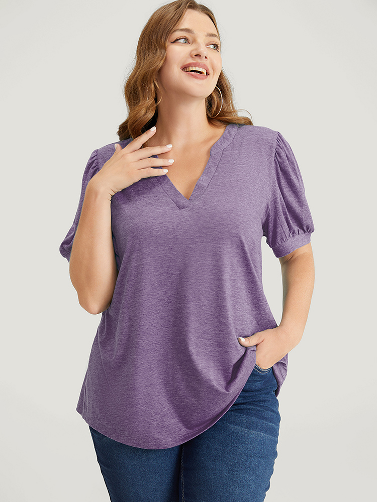 

Plus Size Plain Puff Sleeve V Neck Heather T-shirt Purple V-neck Short sleeve Elegant Jersey Tops