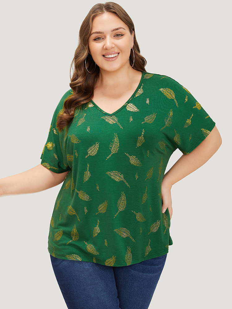 

Plus Size Feather Print Glitter Dolman Sleeve T-shirt DarkGreen Women Casual Plain Plain V-neck Dailywear T-shirts BloomChic