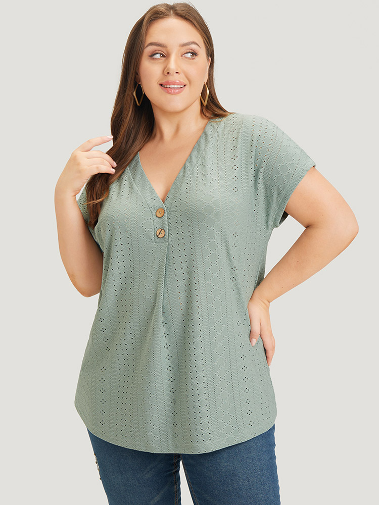 

Plus Size Solid Broderie Anglaise Dolman Sleeve Button Detail T-shirt Sage Women Casual Plain V-neck Dailywear T-shirts BloomChic