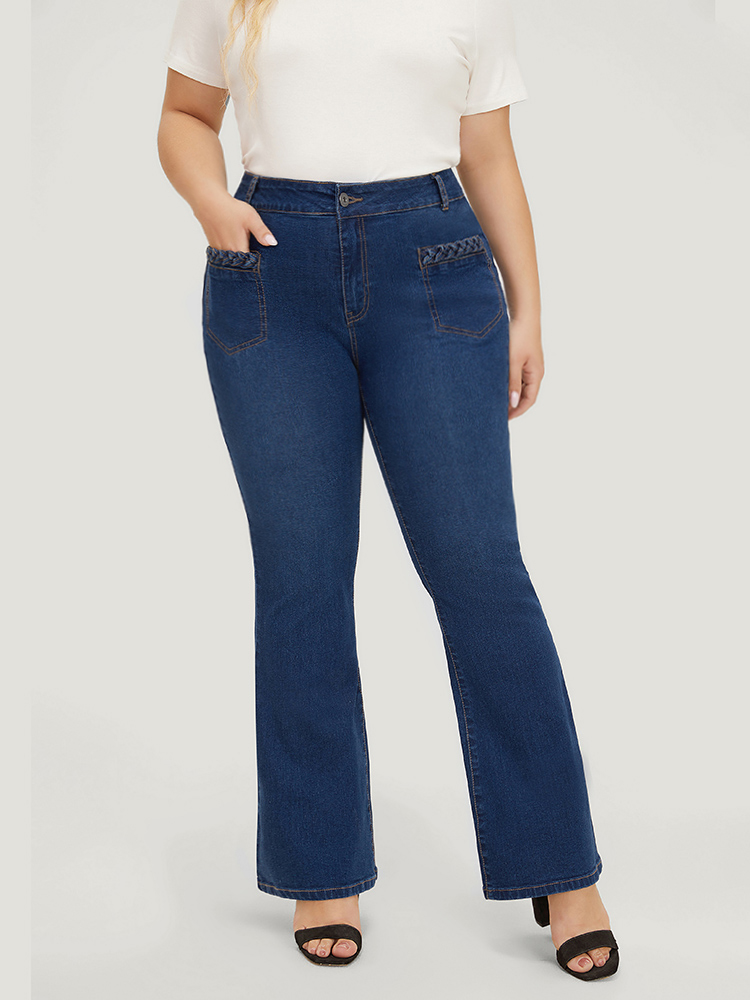 

Plus Size Flare Leg Very Stretchy High Rise Dark Wash Cable Contrast Jeans Women DarkBlue Casual Plain High stretch Pocket Jeans BloomChic
