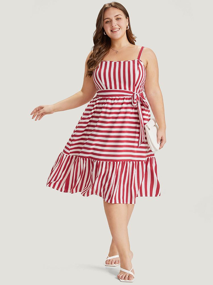 

Plus Size Striped Print Belted Ruffle Layered Hem Cami Dress Scarlet Women Adjustable Straps Spaghetti Strap Sleeveless Curvy Midi Dress BloomChic