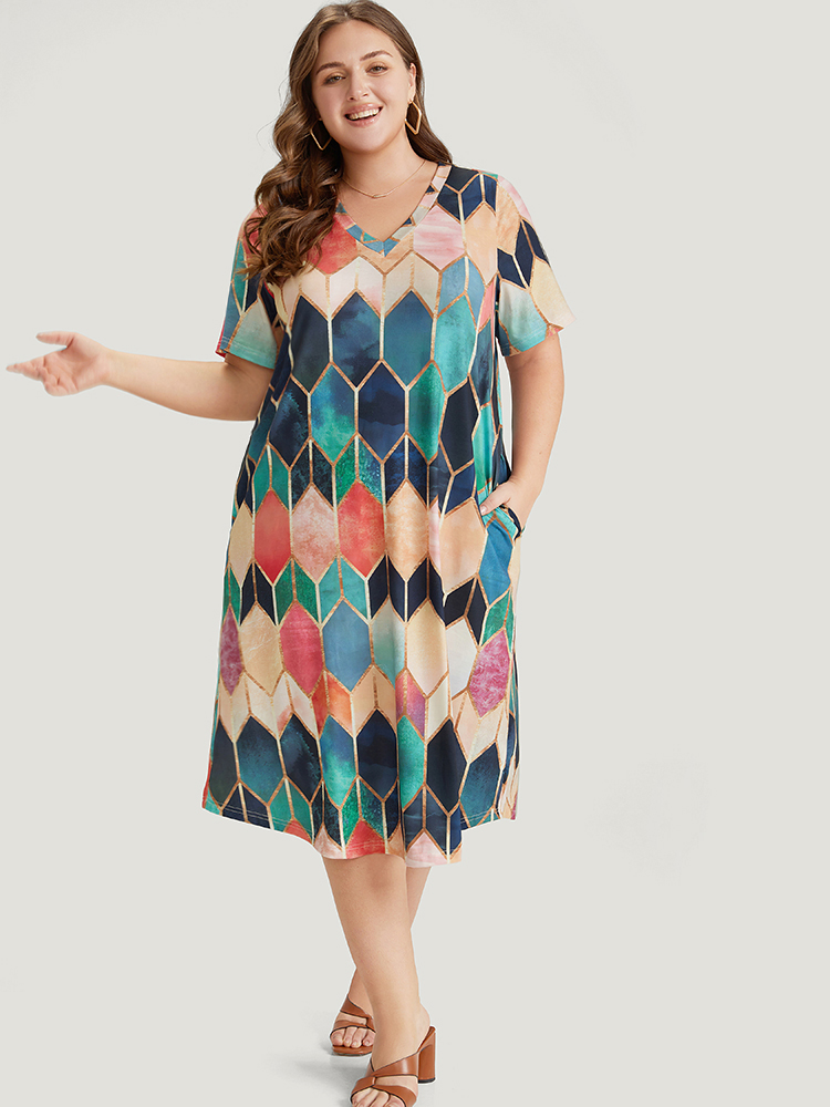 

Plus Size Geometric Print Pocket Colorblock Contrast Dress Multicolor Women Casual Contrast V-neck Short sleeve Curvy Midi Dress BloomChic