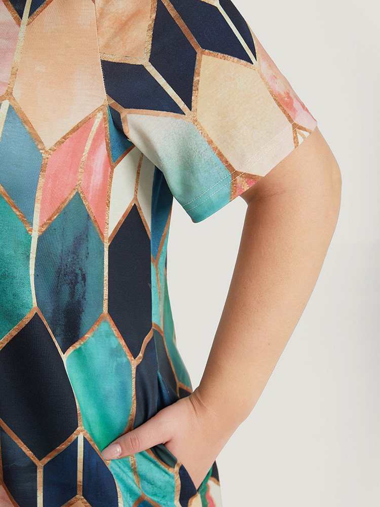 Plus Size Geometric Print Pocket Colorblock Contrast Dress Multicolor Women Casual Contrast V-neck Short sleeve Curvy Midi Dress BloomChic 26/4X 