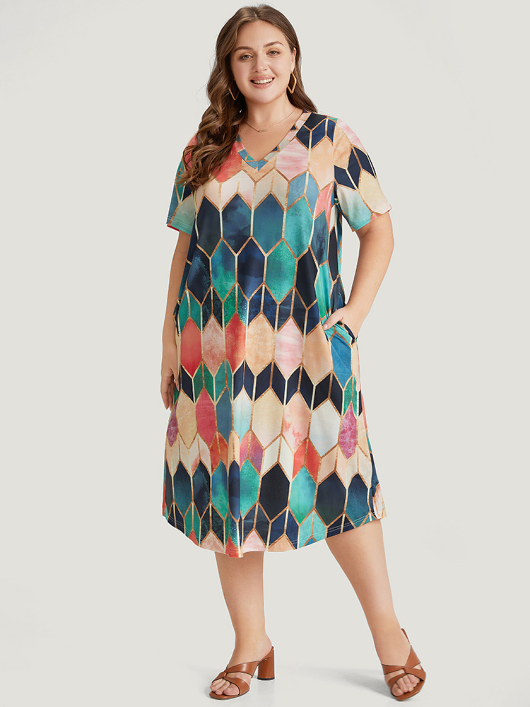 Plus Size Geometric Print Pocket Colorblock Contrast Dress Multicolor Women Casual Contrast V-neck Short sleeve Curvy Midi Dress BloomChic 26/4X 