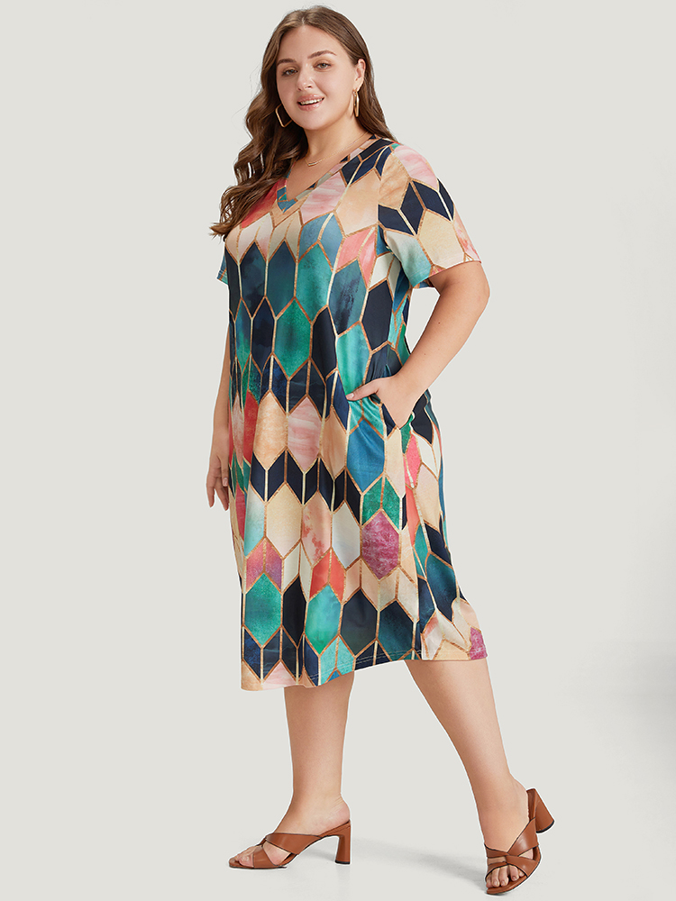 Plus Size Geometric Print Pocket Colorblock Contrast Dress Multicolor Women Casual Contrast V-neck Short sleeve Curvy Midi Dress BloomChic 26/4X 