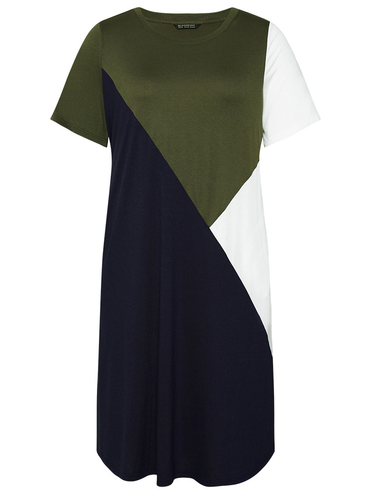Plus Size Supersoft Essentials Colorblock Pocket Contrast Midi Dress Multicolor Women Casual Contrast Round Neck Short sleeve Curvy Midi Dress BloomChic 18-20/2X 