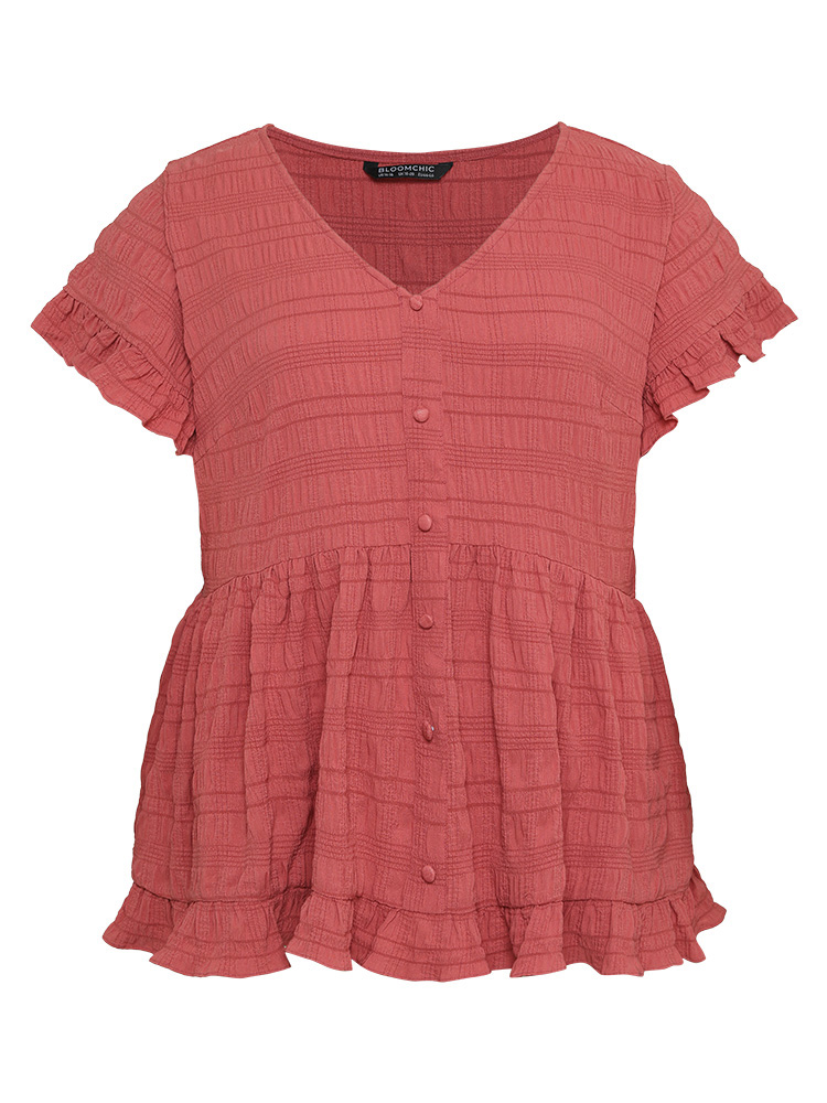Plus Size Women Dailywear Plain Plain Ruffle Sleeve Short sleeve V-neck Elegant Blouses BloomChic 