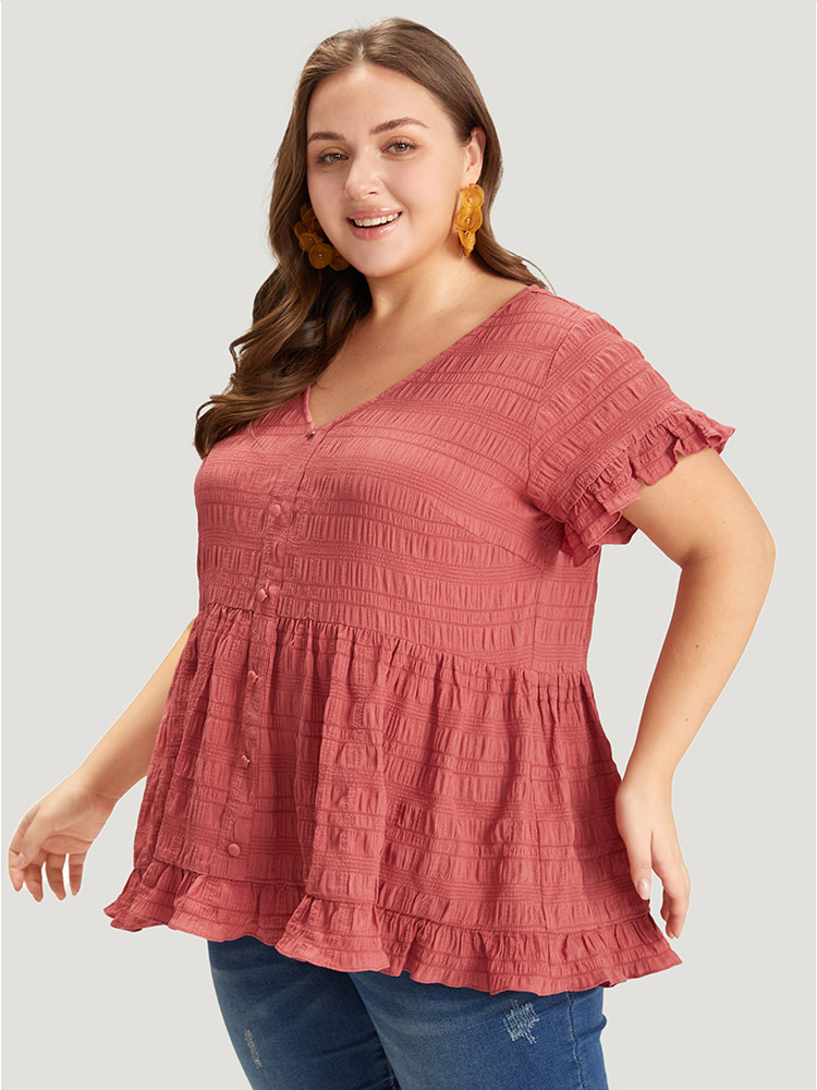 Plus Size Women Dailywear Plain Plain Ruffle Sleeve Short sleeve V-neck Elegant Blouses BloomChic 