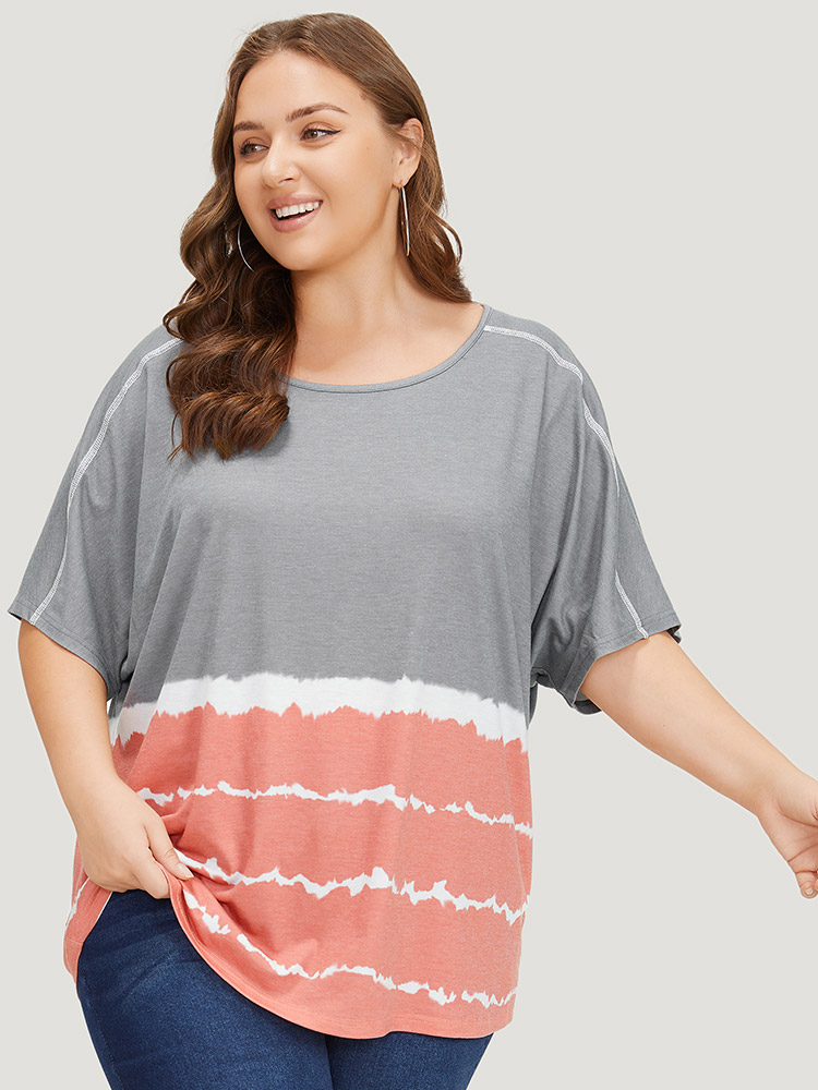 Plus Size Women Dailywear Striped Tie Dye Dolman Sleeve Short sleeve Round Neck Casual T-shirts BloomChic 