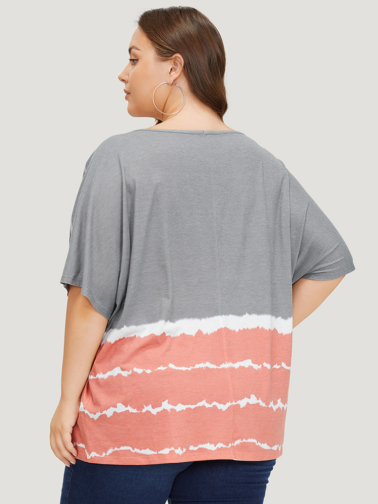 Plus Size Women Dailywear Striped Tie Dye Dolman Sleeve Short sleeve Round Neck Casual T-shirts BloomChic 