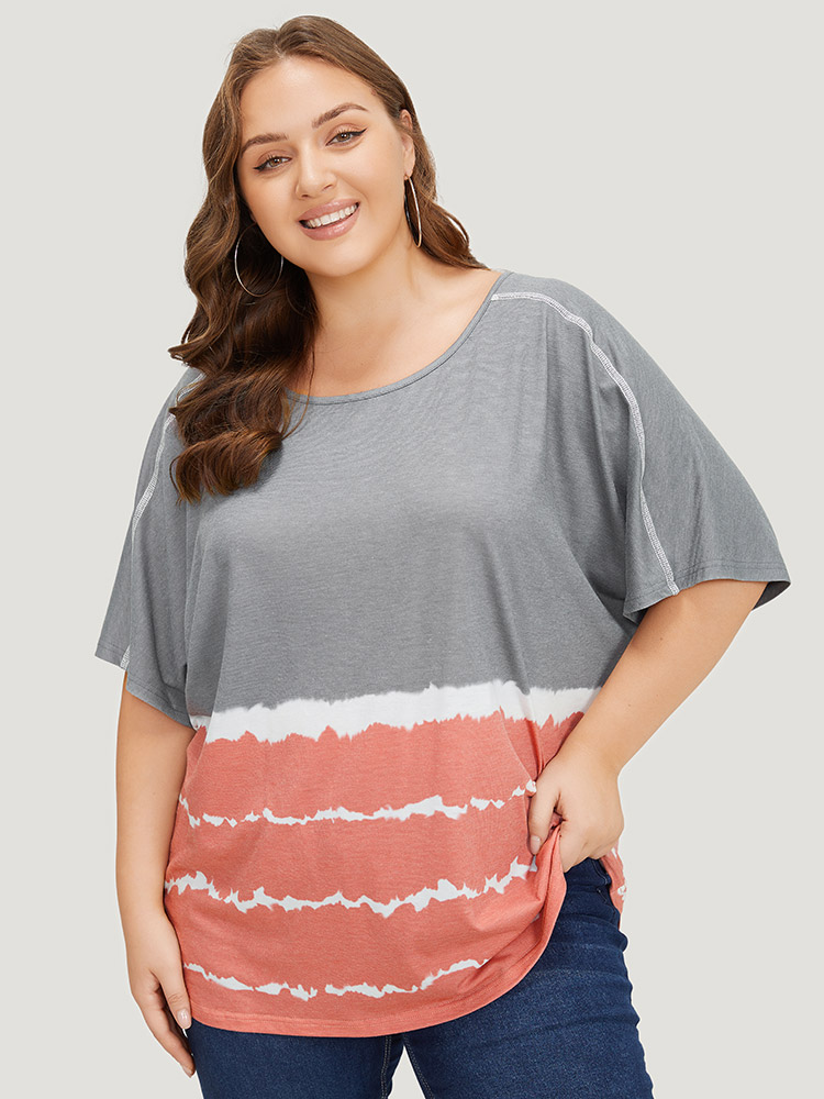 Plus Size Women Dailywear Striped Tie Dye Dolman Sleeve Short sleeve Round Neck Casual T-shirts BloomChic 