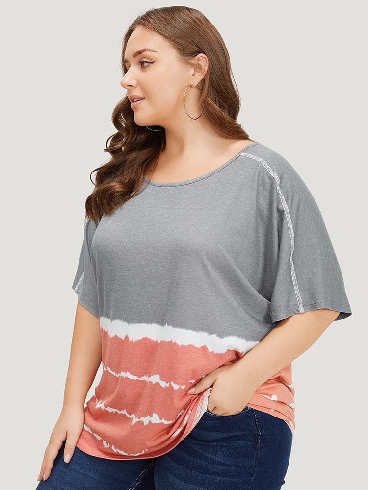 Plus Size Women Dailywear Striped Tie Dye Dolman Sleeve Short sleeve Round Neck Casual T-shirts BloomChic 