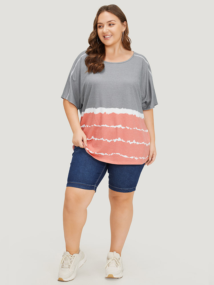 Plus Size Women Dailywear Striped Tie Dye Dolman Sleeve Short sleeve Round Neck Casual T-shirts BloomChic 