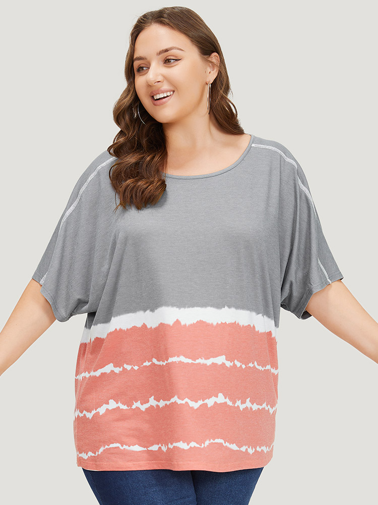 Plus Size Women Dailywear Striped Tie Dye Dolman Sleeve Short sleeve Round Neck Casual T-shirts BloomChic 
