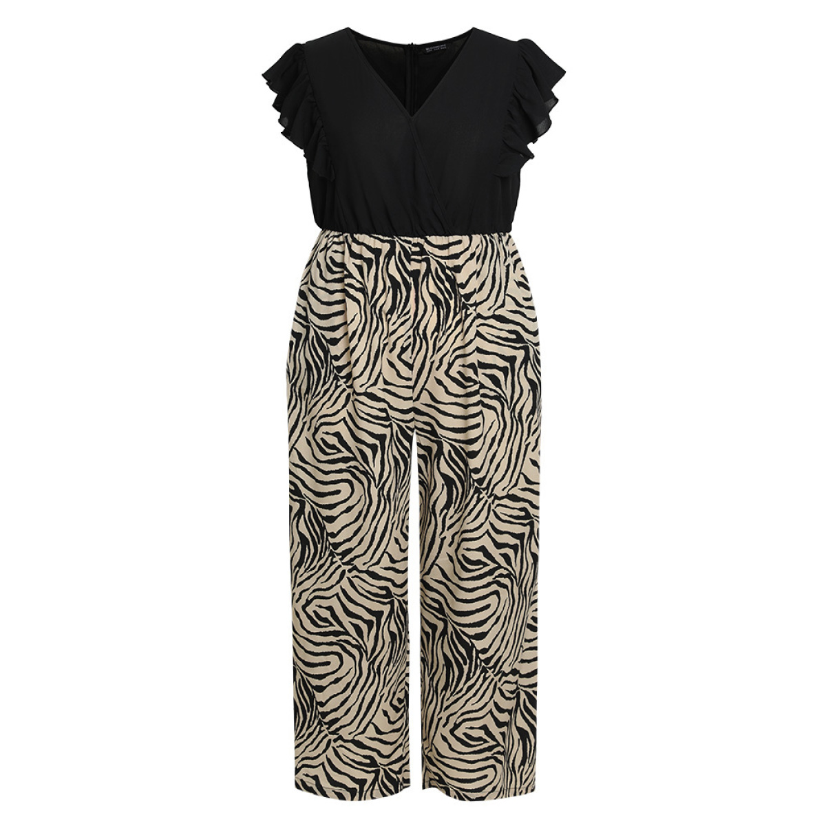 

Plus Size Black Zebra Patchwork Contrast Ruffle Cap Sleeve Pocket Jumpsuit Women Elegant Cap Sleeve V-neck Dailywear Loose Jumpsuits BloomChic