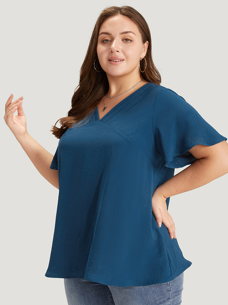 Plus Size Aegean Solid Pleated V Neck Blouse Women Office Short sleeve V-neck Dailywear Blouses BloomChic 28/5X 