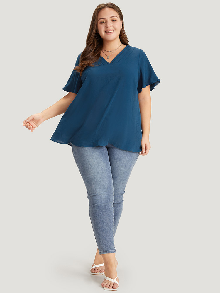 Plus Size Aegean Solid Pleated V Neck Blouse Women Office Short sleeve V-neck Dailywear Blouses BloomChic 28/5X 