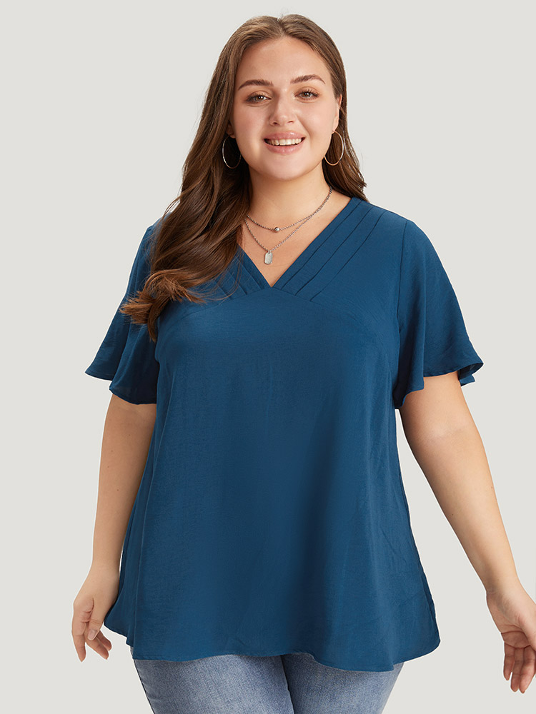 Plus Size Aegean Solid Pleated V Neck Blouse Women Office Short sleeve V-neck Dailywear Blouses BloomChic 28/5X 